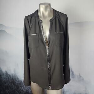 Bebe Black V-Neck Slit Sleeve Vegan Leather Accent Blouse | Women's S/P